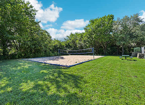 a volleyball court in a park with a picnic table