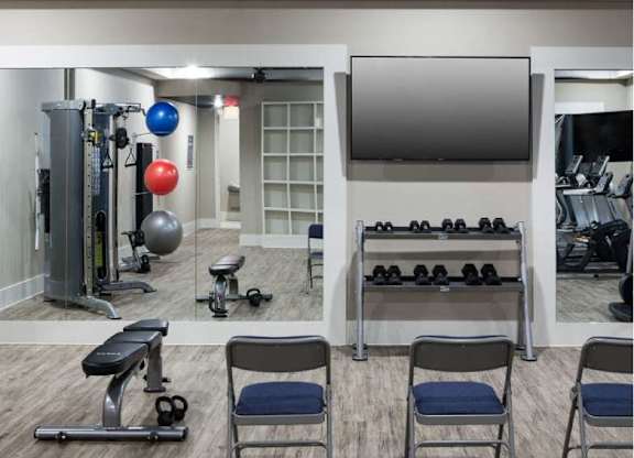 the gym is equipped with weights and a television