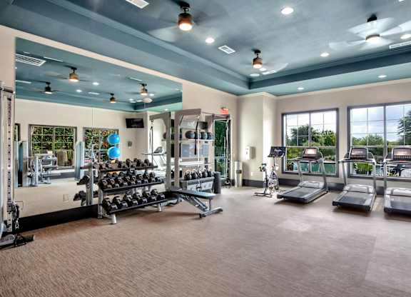 Parkview Terraces fitness center with free weights, treadmills, and large windows.