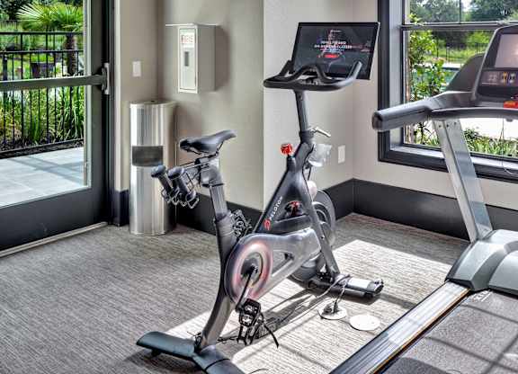 Indoor cardio corner with a stationary bike and treadmill beside bright windows.