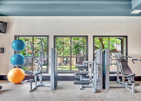 Strength-training area with cable machines, bench equipment, and exercise balls.
