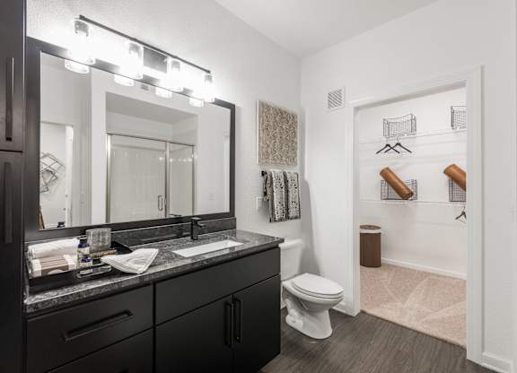 Bathroom with single vanity, large mirror, and adjacent walk-in closet entry.