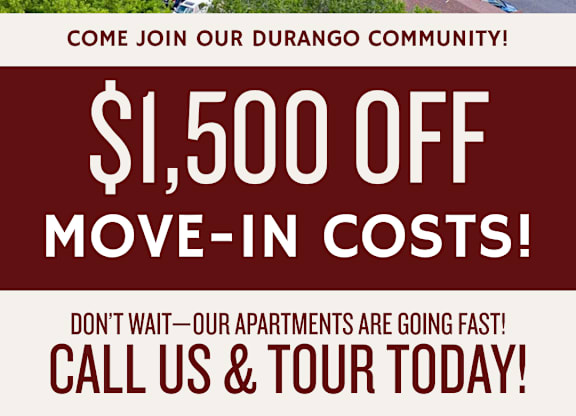 An advertisement for Red Cliff Apartments offering $1,500 off move-in costs.