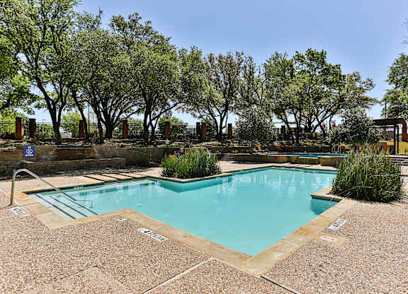 A small pool surrounded by trees and bushes.