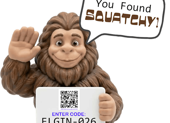 A cartoon gorilla is holding a sign that says "Hey Elgin! Operation Sasquatch" and a QR code.