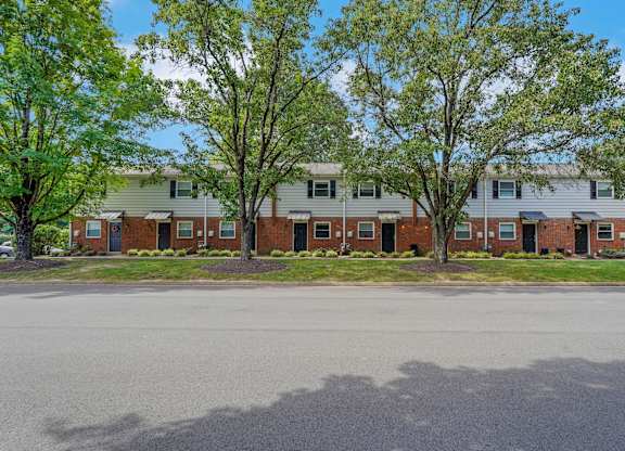A row of houses with trees in front.