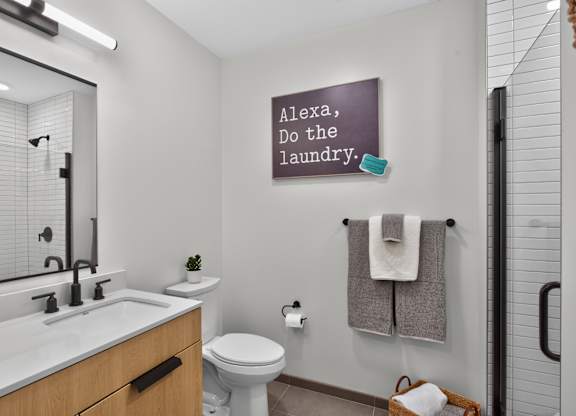 A modern bathroom at The Indie in Allston.