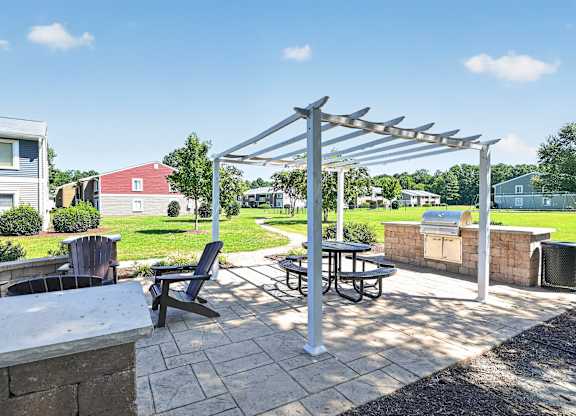 A patio with a table and chairs under a pergola.