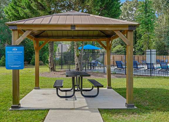 A wooden pavilion with a picnic table and a sign.