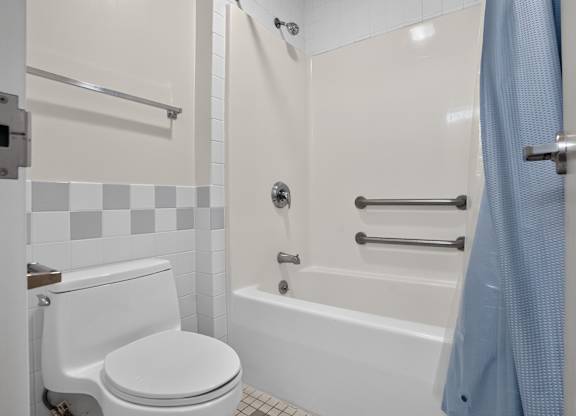 A white toilet sits next to a bathtub in a bathroom.