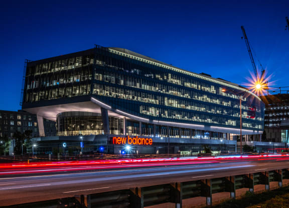 a view of Boston Landing lit up at night