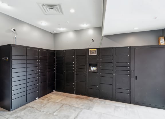 Black LuxorOne package lockers  at The Tannery Glastonbury at The Tannery, Connecticut