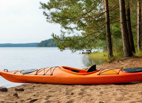 An orange kayak is on the shore of a lake.