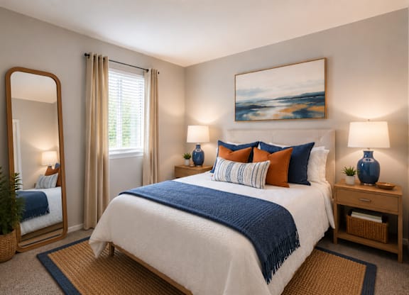 A bedroom with a large bed, a mirror, and a painting on the wall.