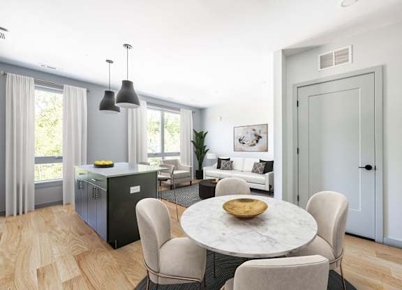 a view of the living room from the dining room at Seacoast Residences Apartments, Oakland, Maine