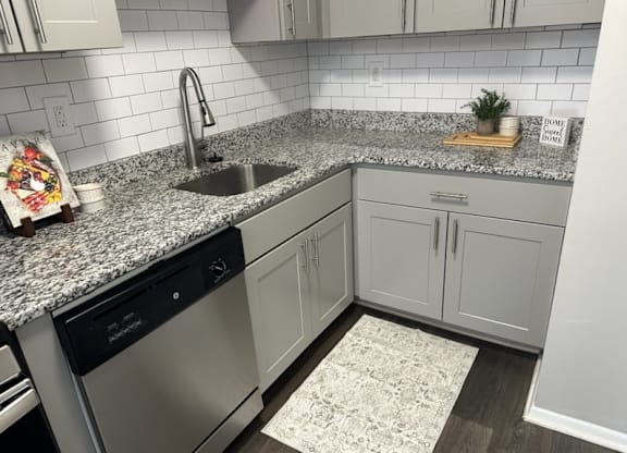 A kitchen with a granite countertop and a stainless steel dishwasher.