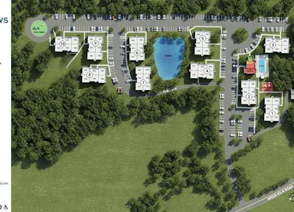 A map of the Meadows Apartments showing the layout of the buildings and amenities.