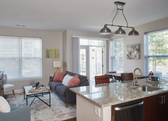 Spacious living room & kitchen at The Tannery, Connecticut, 06033