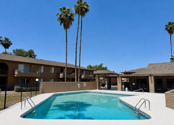 A swimming pool surrounded by palm trees and apartment buildings.