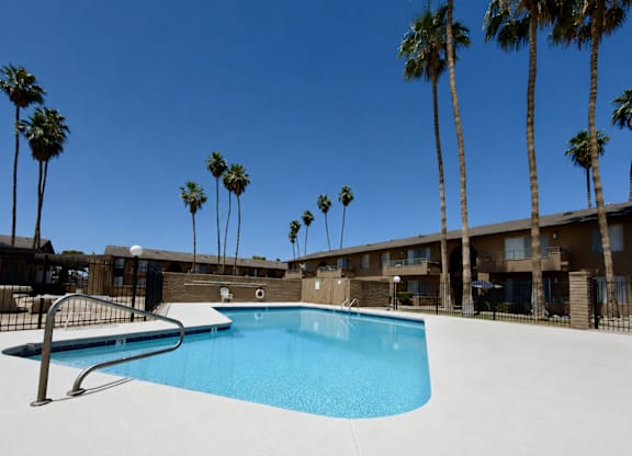 A swimming pool surrounded by palm trees and apartment buildings.