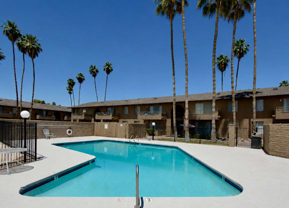 A pool surrounded by palm trees and a building in the background.