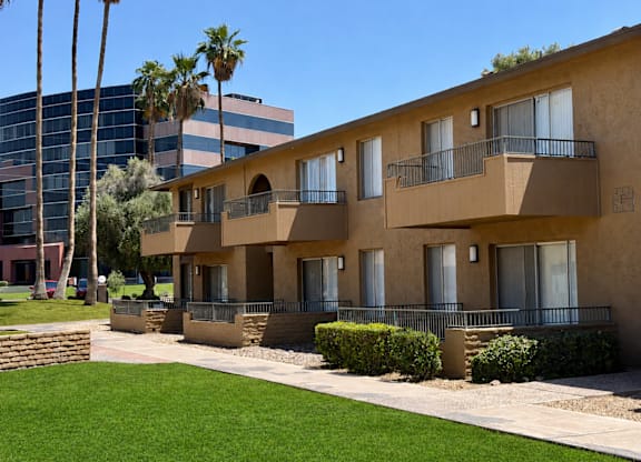 A row of apartment buildings with balconies and a palm tree in the background.
