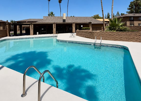 A swimming pool with palm trees in the background.