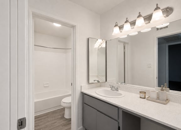 A bathroom with a white sink and a large mirror.