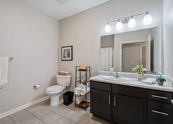 A bathroom with a white toilet, sink, and a mirror.