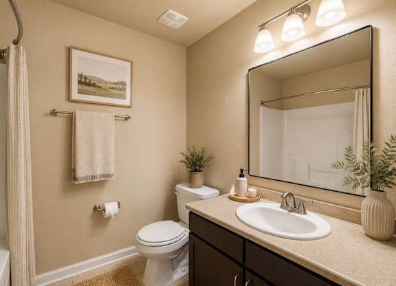 A bathroom with a toilet, sink, and mirror.