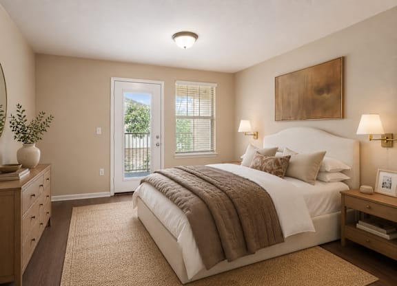 A bedroom with a bed, nightstand, and a mirror.