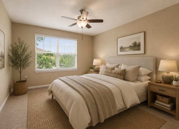 A bedroom with a large bed and a ceiling fan.