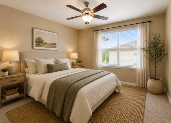 A bedroom with a large bed, a ceiling fan, and a window with blinds.
