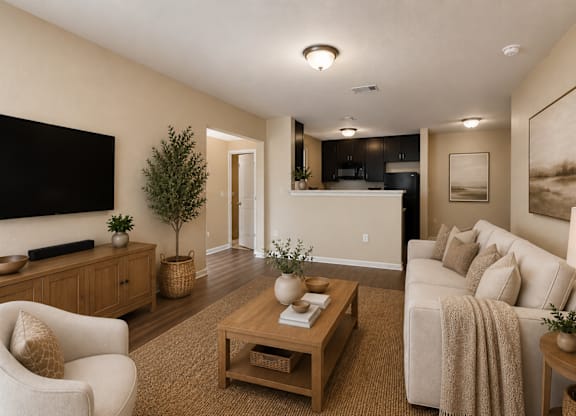 A living room with a white couch, a wooden coffee table, and a flat-screen TV mounted on the wall.