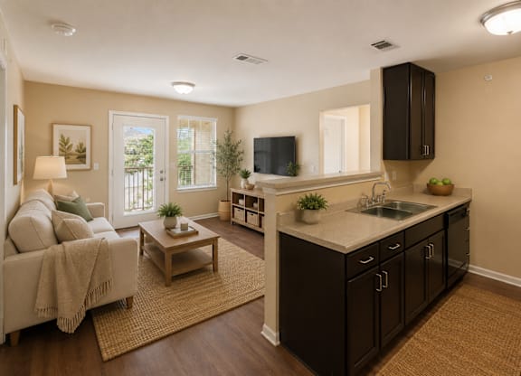 A living room with a couch, coffee table, and a kitchen area with a sink and cabinets.