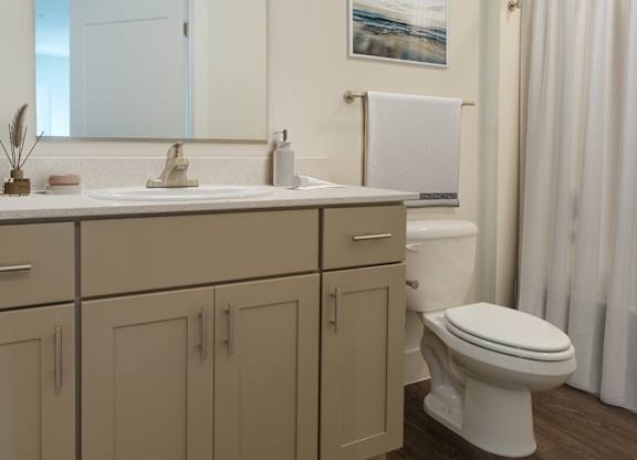 A bathroom with a toilet, sink, and a mirror.