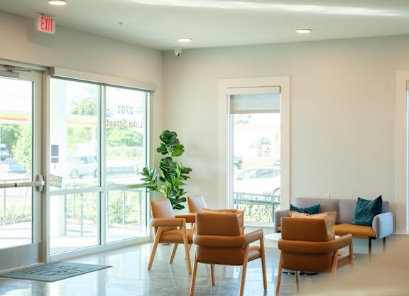 A room with a couch, chairs, and a plant.