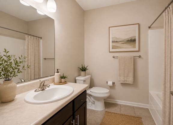 A bathroom with a sink, toilet, and a mirror.