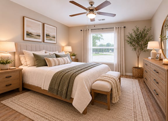 A bedroom with a bed, nightstands, and a ceiling fan.
