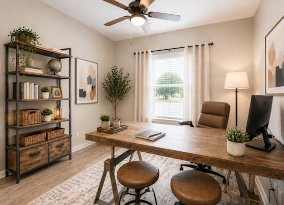 A room with a desk, chair, and a fan.