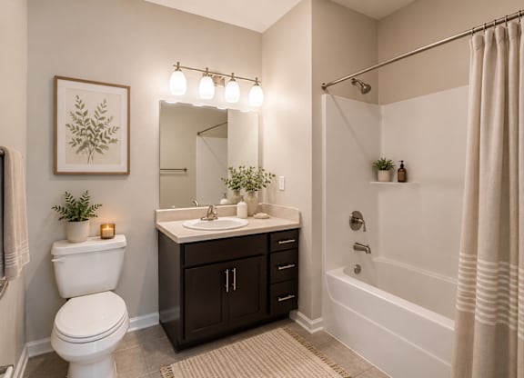 A bathroom with a white toilet, a sink, a mirror, and a bathtub.