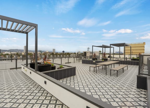 a view of the rooftop terrace of the apartment, architecture, building, condominium at The Fairfax Flats Apartments, Los Angeles, CA