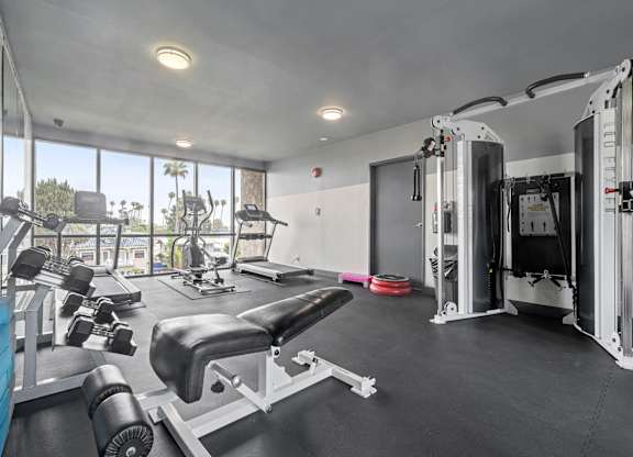 A well-equipped gym with a variety of machines and weights at Lafayette Apartments, Los Angeles, California