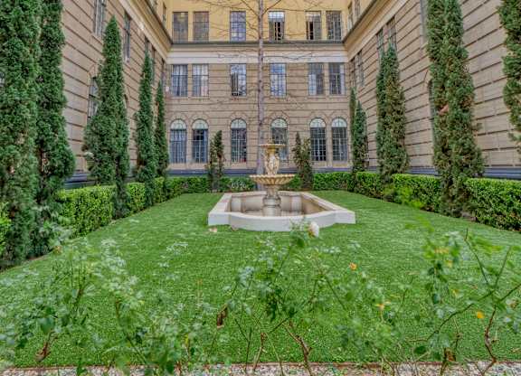 Courtyard with a fountain at The Langham Apartments, Los Angeles, CA, 90005
