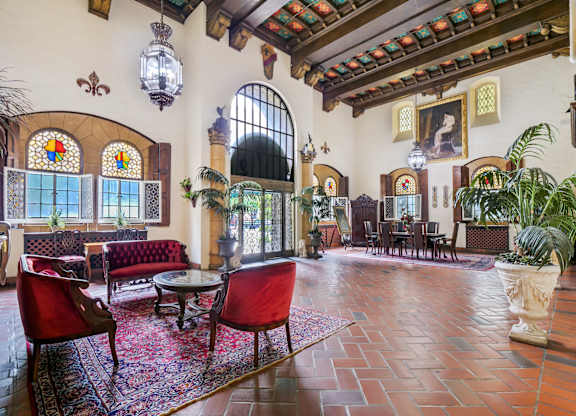 Beautiful common living room at The Langham Apartments, Los Angeles, California