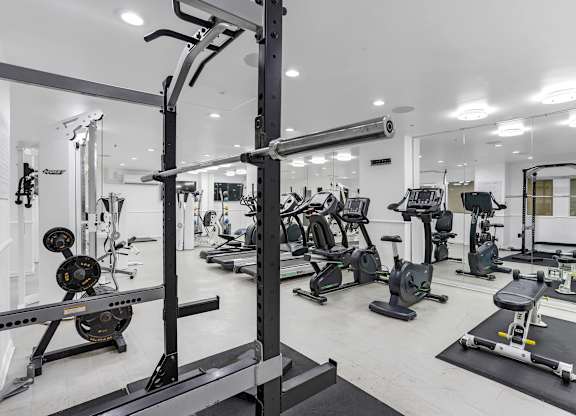 A well-equipped gym with various exercise machines and weights.at Park Wilshire, Los Angeles, 90057