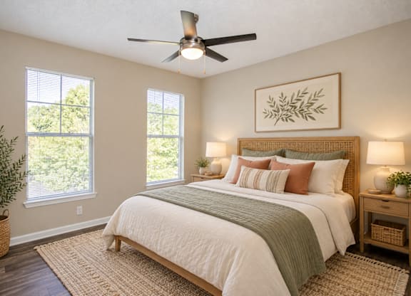 A bedroom with a large bed and a ceiling fan.