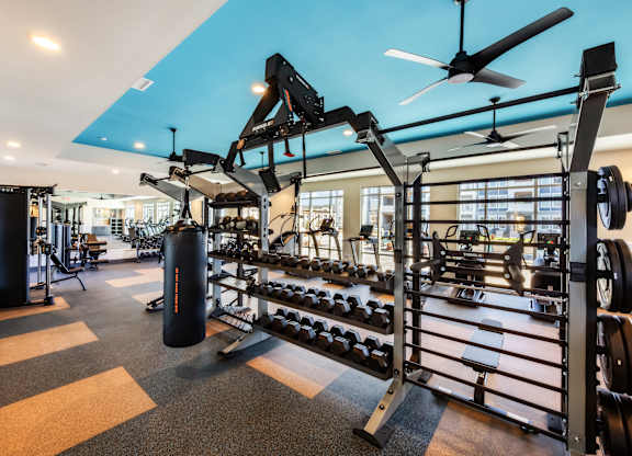 A gym with a variety of equipment including a leg press machine.