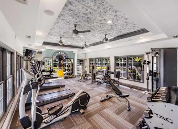 A gym with treadmills, weights, and exercise equipment.