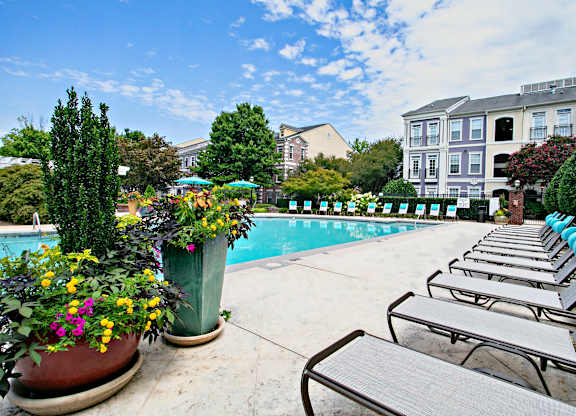 A poolside area with sun loungers and potted plants.